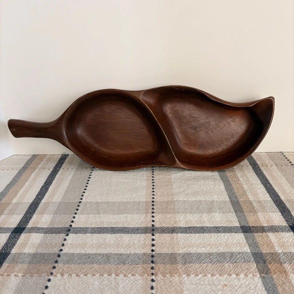 Mid Century Modern Teak Wood Divided Tray Quon Quon Handcrafted Pea Pod Leaf